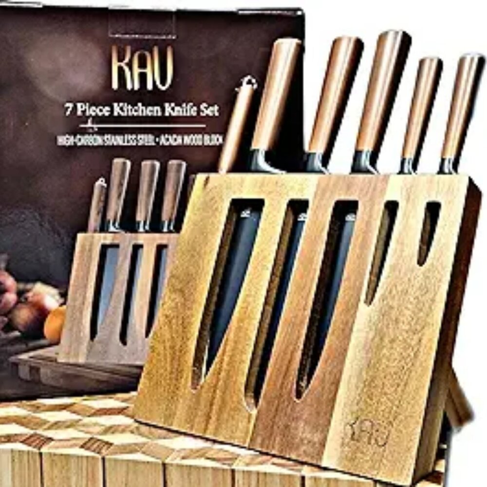 KAV Knife Set with Block, KAV 7pcs set and Sharpening Rod, Stainless Set